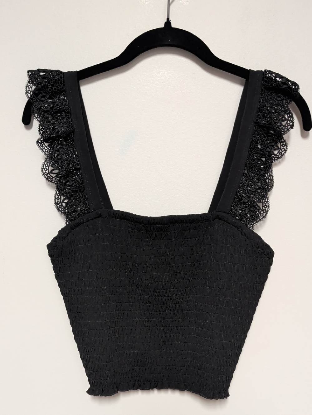 Express Black Smocked Top with Lace Trim